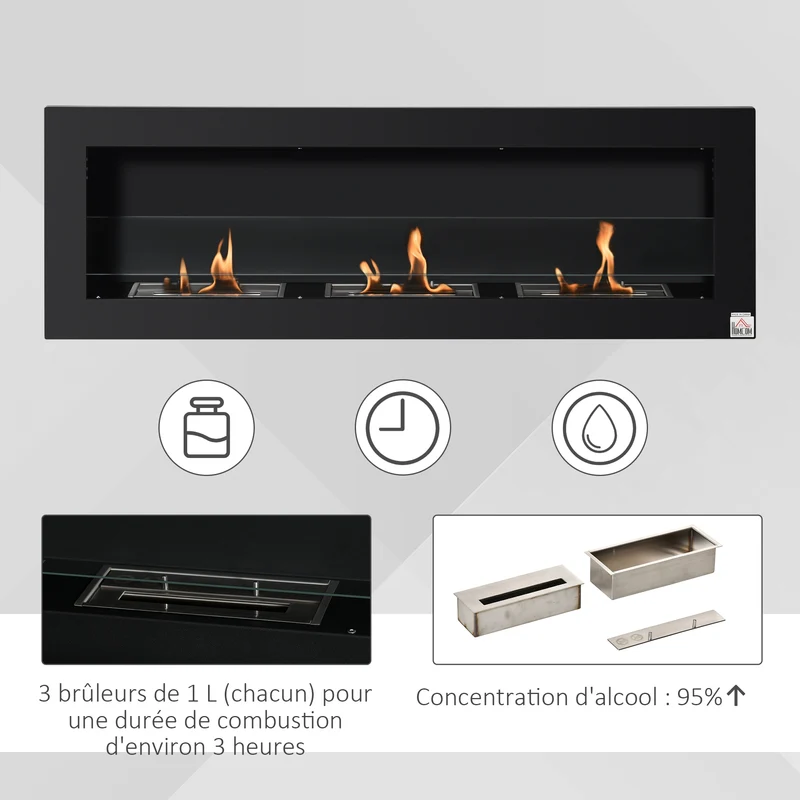 Cheminée bioéthanol murale encastrable 120 x 15 x 40 cm chauffe d'appoint sécurité anti-fuite design épuré en acier noir 21_0001115
