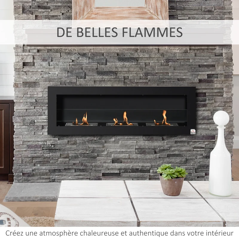 Cheminée bioéthanol murale encastrable 120 x 15 x 40 cm chauffe d'appoint sécurité anti-fuite design épuré en acier noir 21_0001115