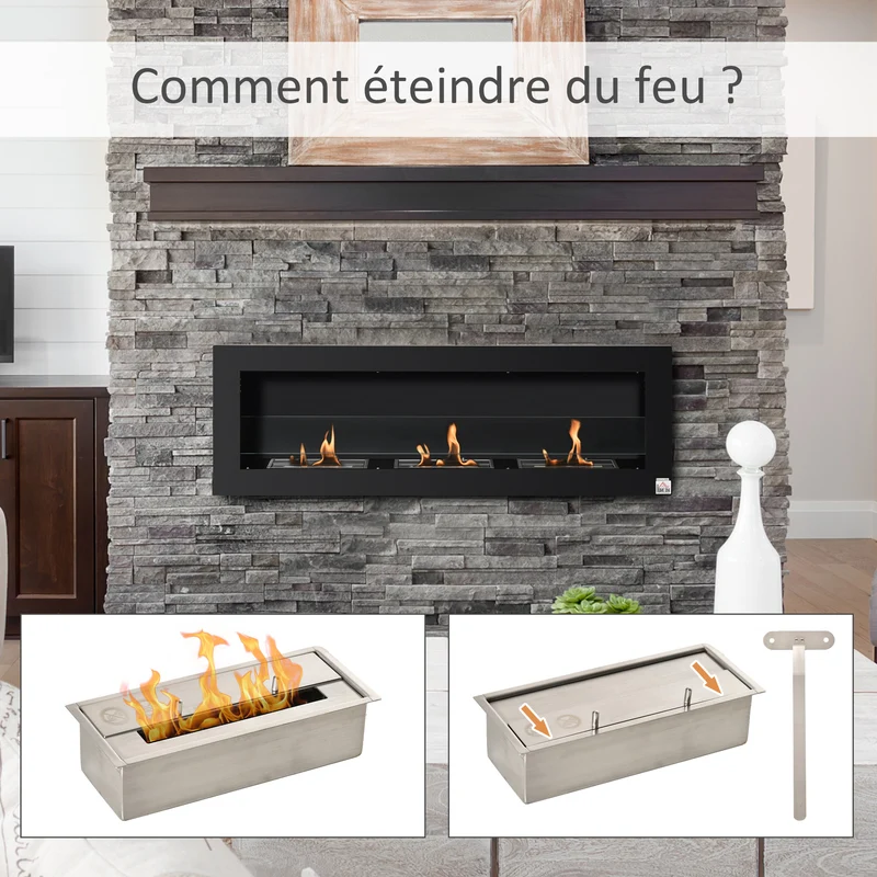 Cheminée bioéthanol murale encastrable 120 x 15 x 40 cm chauffe d'appoint sécurité anti-fuite design épuré en acier noir 21_0001115