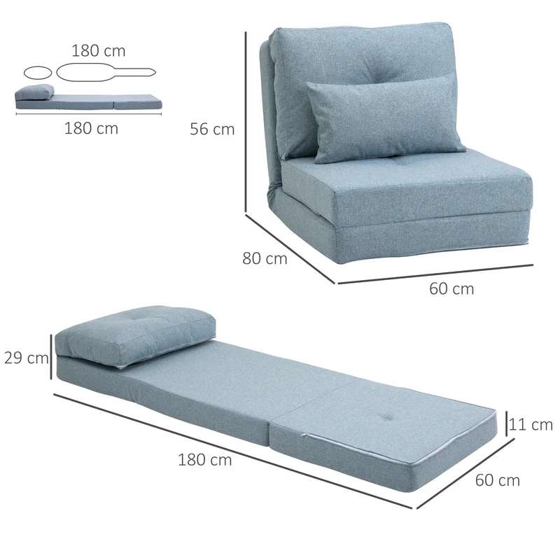 Chauffeuse convertible 1 place 60 x 80 x 56 cm dossier réglable lit d'appoint moderne assise cocon en lin bleu clair 21_0001831
