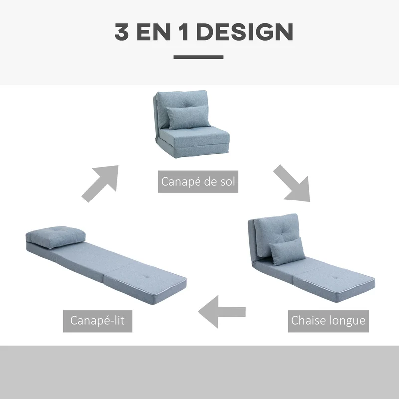Chauffeuse convertible 1 place 60 x 80 x 56 cm dossier réglable lit d'appoint moderne assise cocon en lin bleu clair 21_0001831