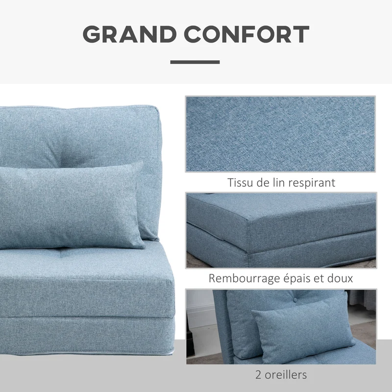 Chauffeuse convertible 1 place 60 x 80 x 56 cm dossier réglable lit d'appoint moderne assise cocon en lin bleu clair 21_0001831