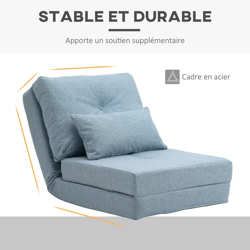 Chauffeuse convertible 1 place 60 x 80 x 56 cm dossier réglable lit d'appoint moderne assise cocon en lin bleu clair 21_0001831