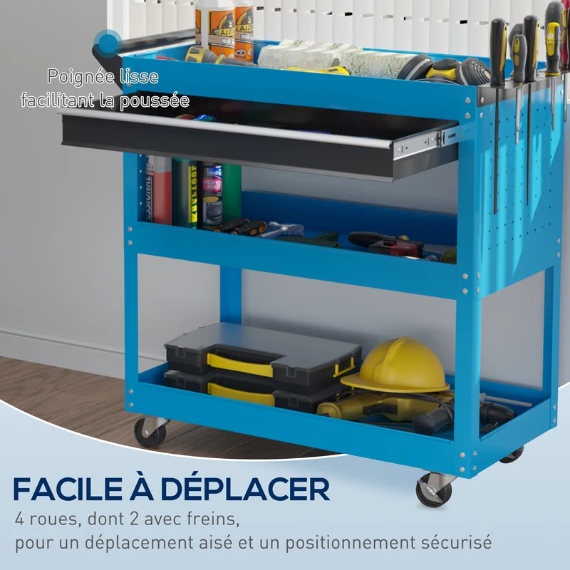 Chariot d'atelier servante 82 x 35 x 76 cm rangement organisé mobilité roues avec frein industriel garage en acier bleu 21_0006973