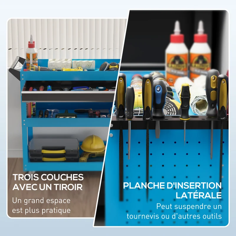 Chariot d'atelier servante 82 x 35 x 76 cm rangement organisé mobilité roues avec frein industriel garage en acier bleu 21_0006973