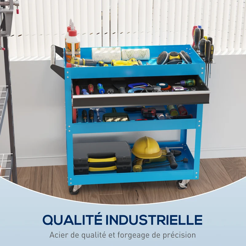Chariot d'atelier servante 82 x 35 x 76 cm rangement organisé mobilité roues avec frein industriel garage en acier bleu 21_0006973