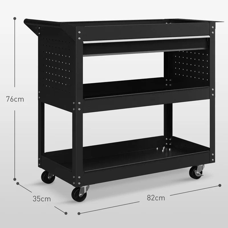 Chariot d'atelier servante 3 niveaux 82 x 35 x 76 cm tiroir roues frein industriel contemporain garage en acier noir 21_0006972