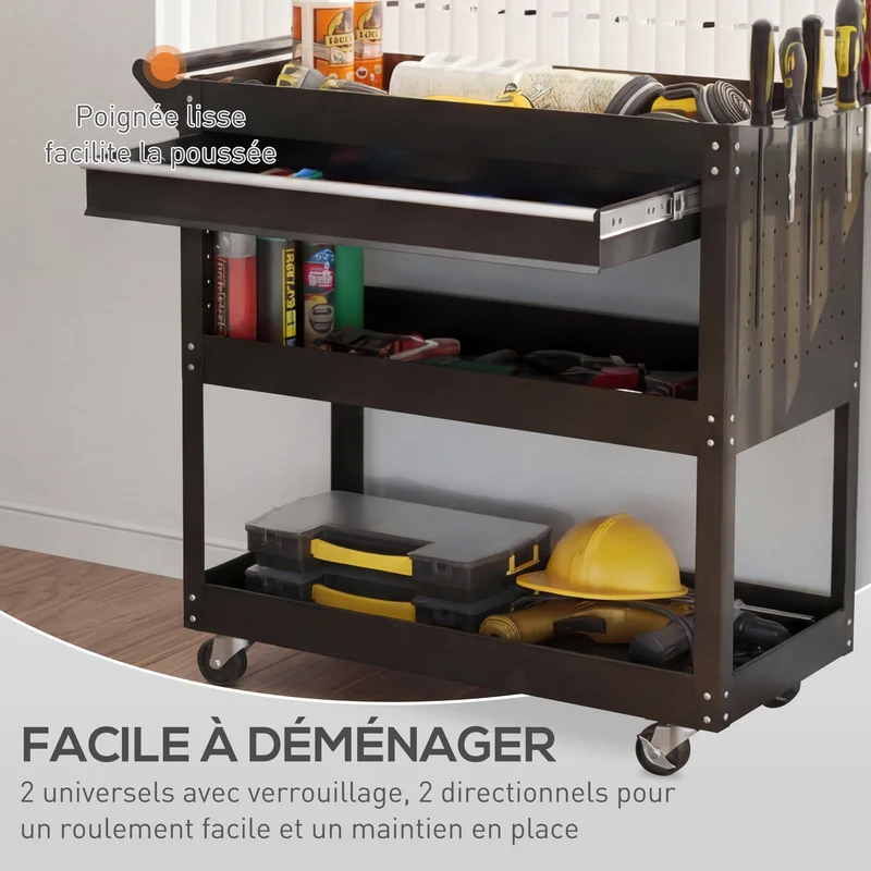 Chariot d'atelier servante 3 niveaux 82 x 35 x 76 cm tiroir roues frein industriel contemporain garage en acier noir 21_0006972