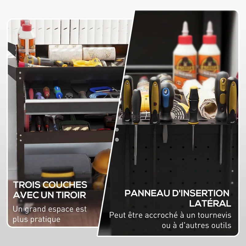 Chariot d'atelier servante 3 niveaux 82 x 35 x 76 cm tiroir roues frein industriel contemporain garage en acier noir 21_0006972