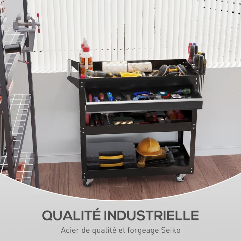 Chariot d'atelier servante 3 niveaux 82 x 35 x 76 cm tiroir roues frein industriel contemporain garage en acier noir 21_0006972
