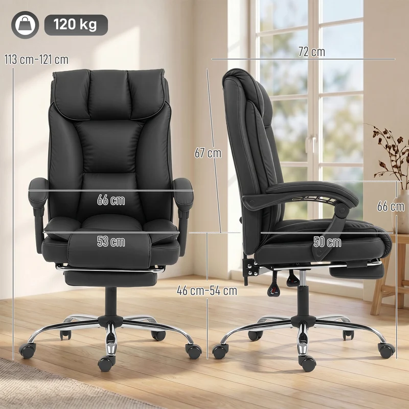 Chaise de bureau ergonomique inclinable 66 x 72 x 113-121 cm inclinaison 155° hauteur réglable moderne design en PU noir 21_0006328
