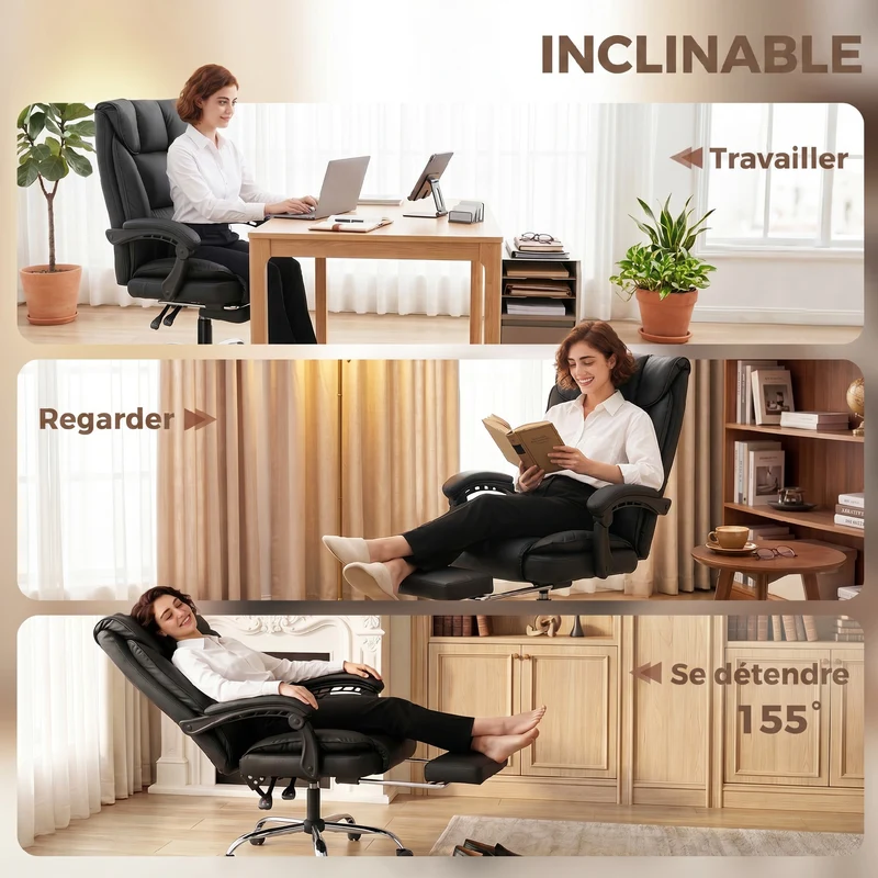 Chaise de bureau ergonomique inclinable 66 x 72 x 113-121 cm inclinaison 155° hauteur réglable moderne design en PU noir 21_0006328