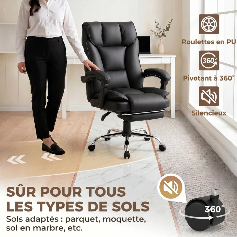 Chaise de bureau ergonomique inclinable 66 x 72 x 113-121 cm inclinaison 155° hauteur réglable moderne design en PU noir 21_0006328