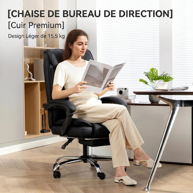 Chaise de bureau ergonomique inclinable 66 x 72 x 113-121 cm inclinaison 155° hauteur réglable moderne design en PU noir 21_0006328