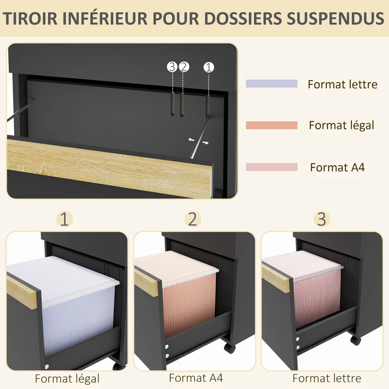 Caisson de bureau roulettes rangement 48 x 40 x 59,5 cm 2 tiroirs fermables design épuré en panneau de particules noir 21_0006390
