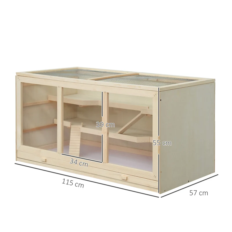Cage pour hamster nain 2 niveaux 115 x 57 x 55 cm porte verrouillable plateau amovible scandinave en sapin bois naturel 21_0007604