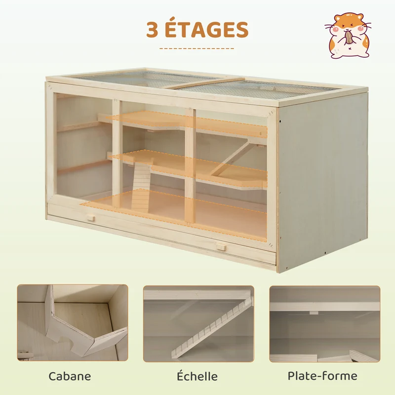 Cage pour hamster nain 2 niveaux 115 x 57 x 55 cm porte verrouillable plateau amovible scandinave en sapin bois naturel 21_0007604
