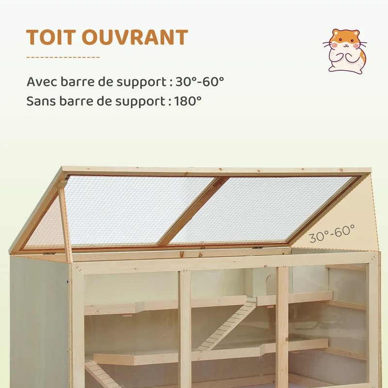 Cage pour hamster nain 2 niveaux 115 x 57 x 55 cm porte verrouillable plateau amovible scandinave en sapin bois naturel 21_0007604