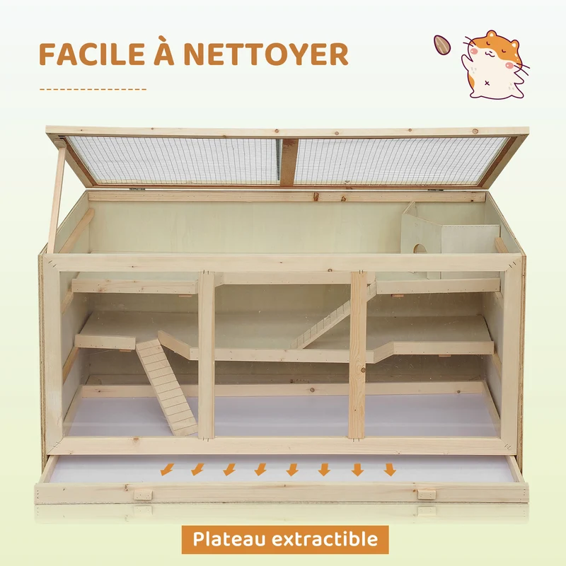 Cage pour hamster nain 2 niveaux 115 x 57 x 55 cm porte verrouillable plateau amovible scandinave en sapin bois naturel 21_0007604