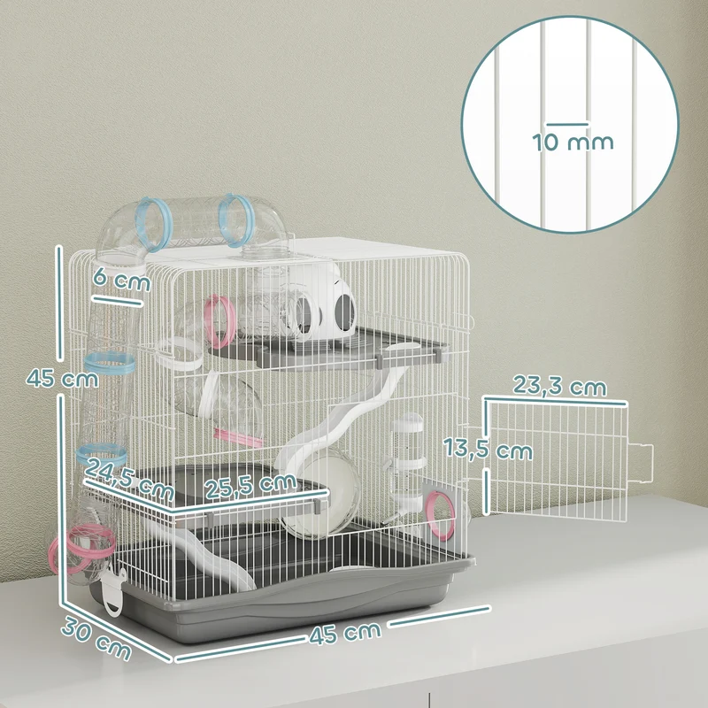 Cage pour hamster 3 niveaux 45 x 30 x 45 cm avec tunnels modulable et roue d'exercice utile moderne épuré en métal gris 21_0008021