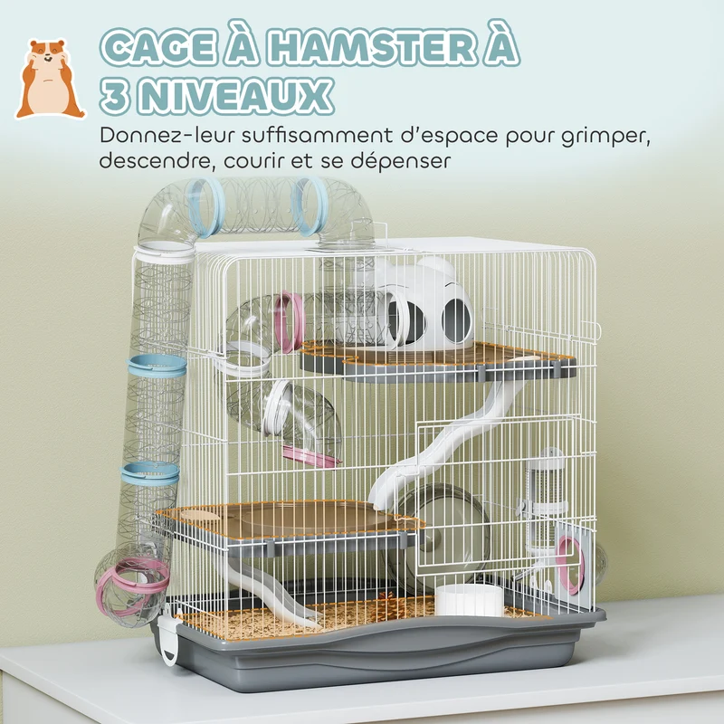 Cage pour hamster 3 niveaux 45 x 30 x 45 cm avec tunnels modulable et roue d'exercice utile moderne épuré en métal gris 21_0008021
