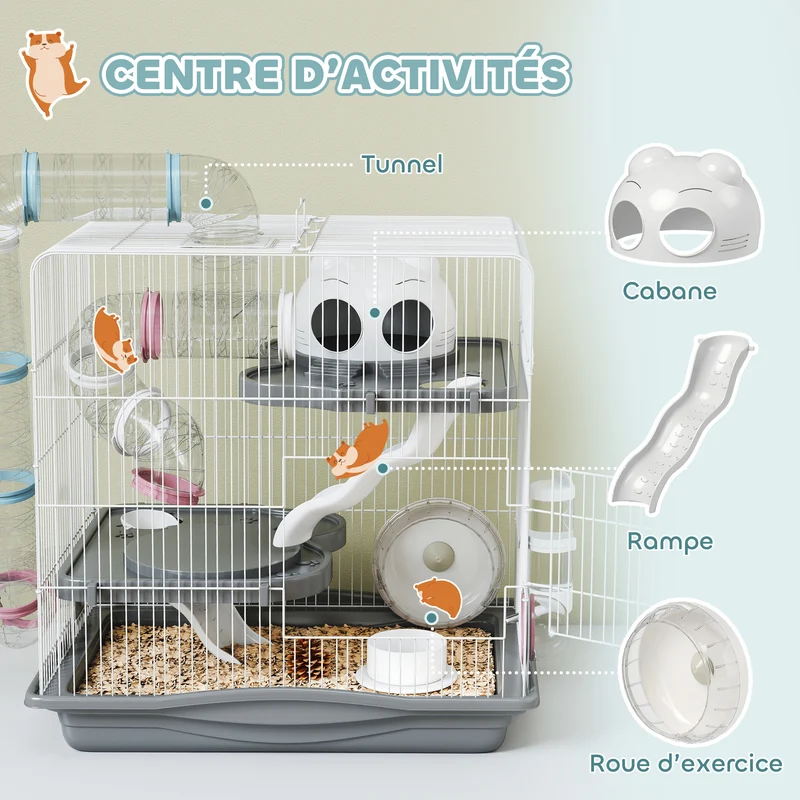 Cage pour hamster 3 niveaux 45 x 30 x 45 cm avec tunnels modulable et roue d'exercice utile moderne épuré en métal gris 21_0008021
