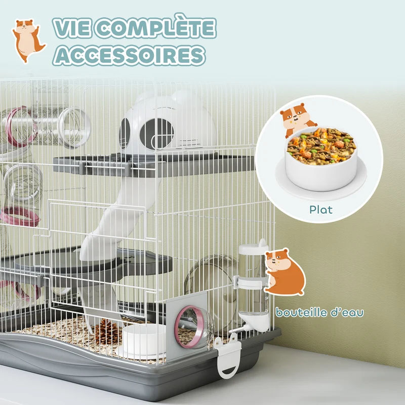 Cage pour hamster 3 niveaux 45 x 30 x 45 cm avec tunnels modulable et roue d'exercice utile moderne épuré en métal gris 21_0008021