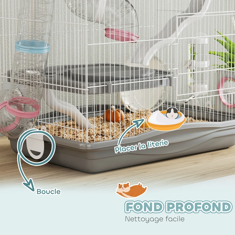 Cage pour hamster 3 niveaux 45 x 30 x 45 cm avec tunnels modulable et roue d'exercice utile moderne épuré en métal gris 21_0008021