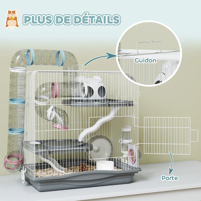 Cage pour hamster 3 niveaux 45 x 30 x 45 cm avec tunnels modulable et roue d'exercice utile moderne épuré en métal gris 21_0008021