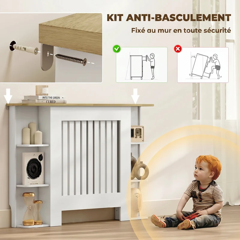 Cache-radiateur étagères plateau 124 x 19 x 83 cm rangement et exposition circulation de chaleur scandinave en MDF blanc 21_0001154