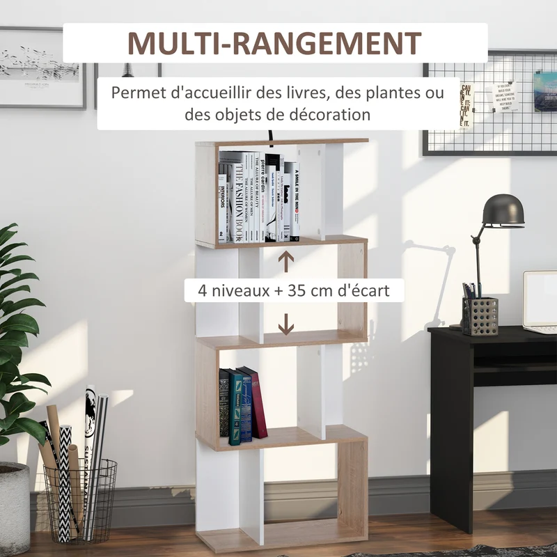 Bibliothèque en s 60 x 24 x 148 cm cinq étagères séparateur rangement design moderne en panneau de particules blanc 21_0001729