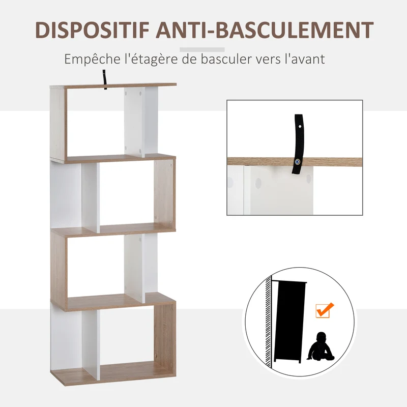 Bibliothèque en s 60 x 24 x 148 cm cinq étagères séparateur rangement design moderne en panneau de particules blanc 21_0001729