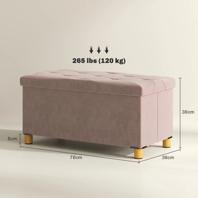 Banc de rangement bout de lit pliable 76 x 38 x 38 cm capacité 67L assise capitonnée moderne contemporain en velours rose 21_0002943