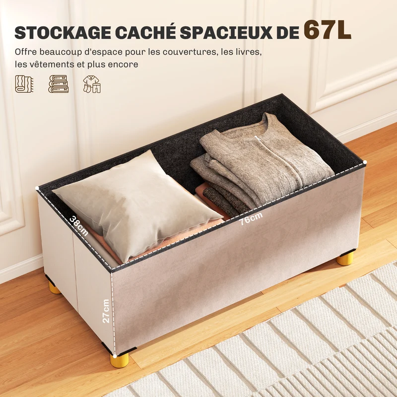 Banc de rangement bout de lit pliable 76 x 38 x 38 cm capacité 67L assise capitonnée moderne contemporain en velours rose 21_0002943