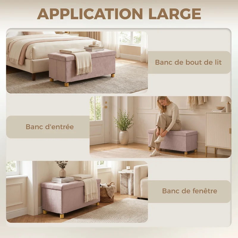 Banc de rangement bout de lit pliable 76 x 38 x 38 cm capacité 67L assise capitonnée moderne contemporain en velours rose 21_0002943
