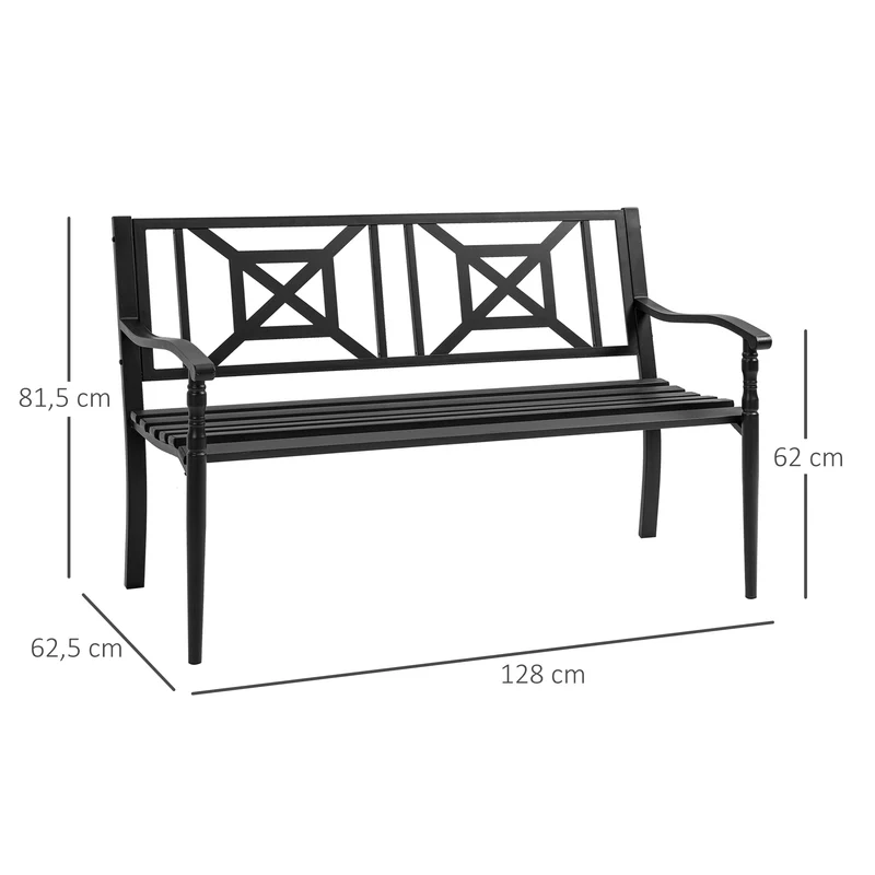 Banc de jardin 2 places pour terrasse 128 x 62,5 x 81,5 cm assise à lattes accoudoirs design contemporain en acier noir 21_0004686