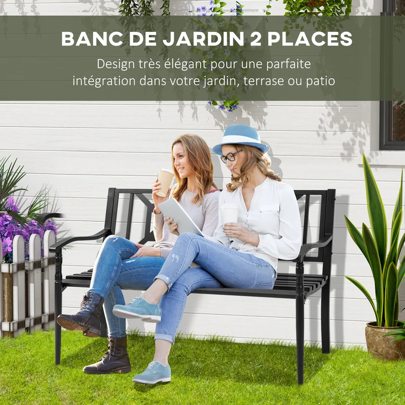 Banc de jardin 2 places pour terrasse 128 x 62,5 x 81,5 cm assise à lattes accoudoirs design contemporain en acier noir 21_0004686