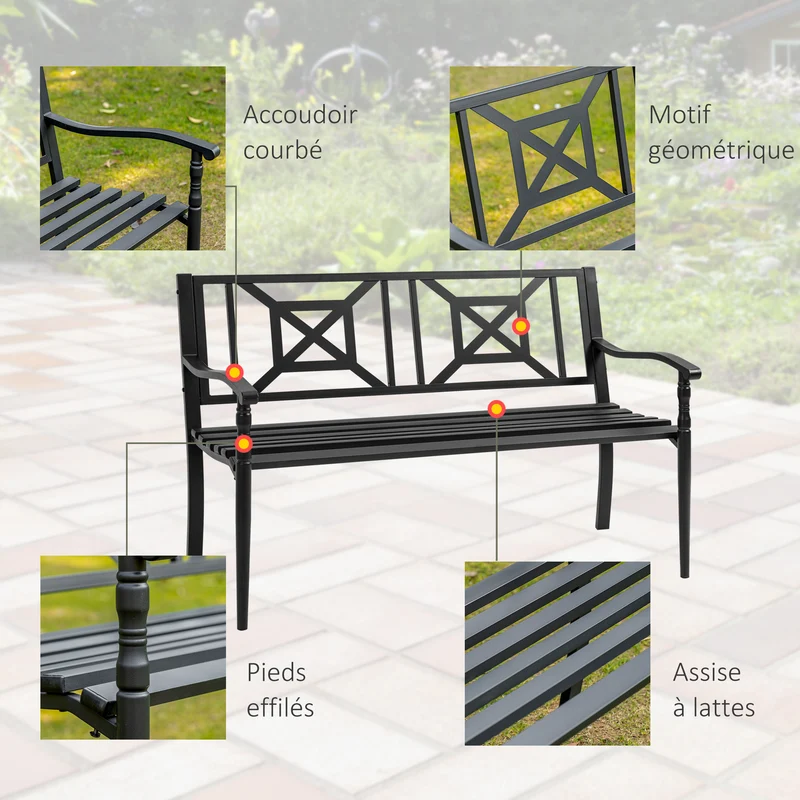 Banc de jardin 2 places pour terrasse 128 x 62,5 x 81,5 cm assise à lattes accoudoirs design contemporain en acier noir 21_0004686