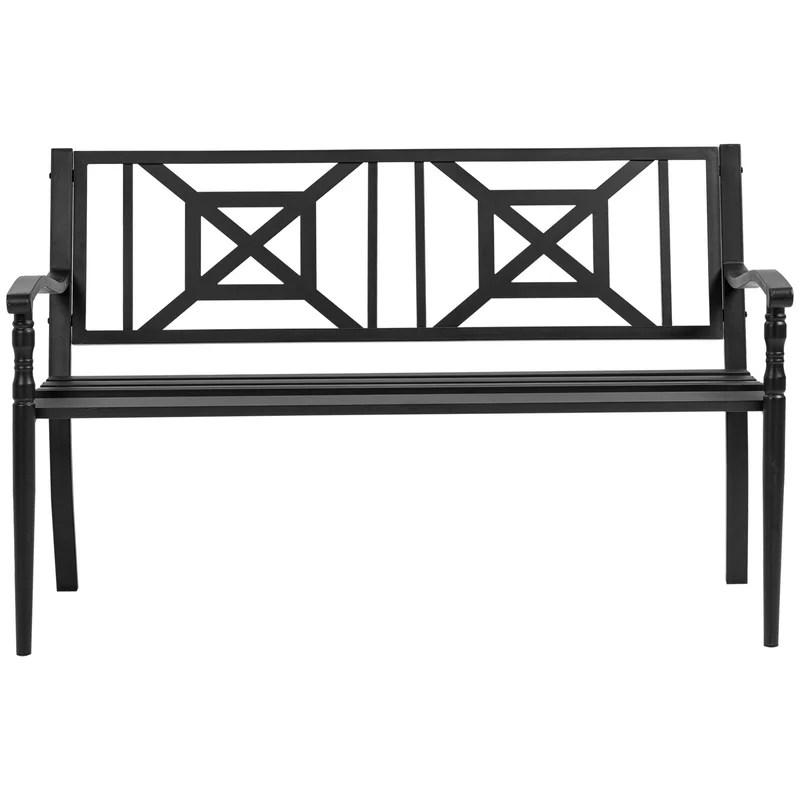 Banc de jardin 2 places pour terrasse 128 x 62,5 x 81,5 cm assise à lattes accoudoirs design contemporain en acier noir 21_0004686