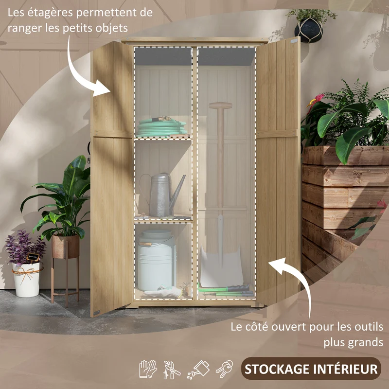 Armoire de jardin abri de rangement 90 x 54,5 x 168,5 cm étanche verrouillable rustique contemporain en bois naturel 21_0005446