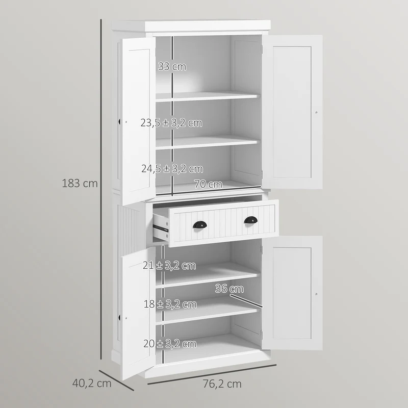 Armoire de cuisine multi rangements 76 x 40 x 183 cm étagères réglables tiroir large design contemporain en MDF blanc 21_0002164
