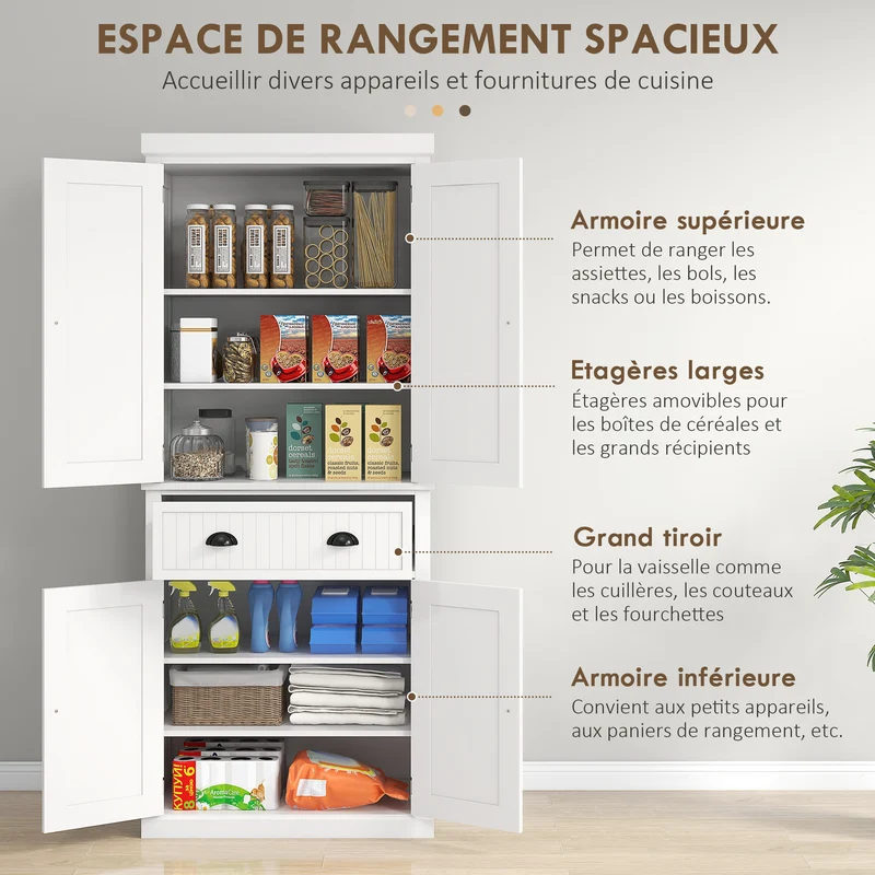 Armoire de cuisine multi rangements 76 x 40 x 183 cm étagères réglables tiroir large design contemporain en MDF blanc 21_0002164