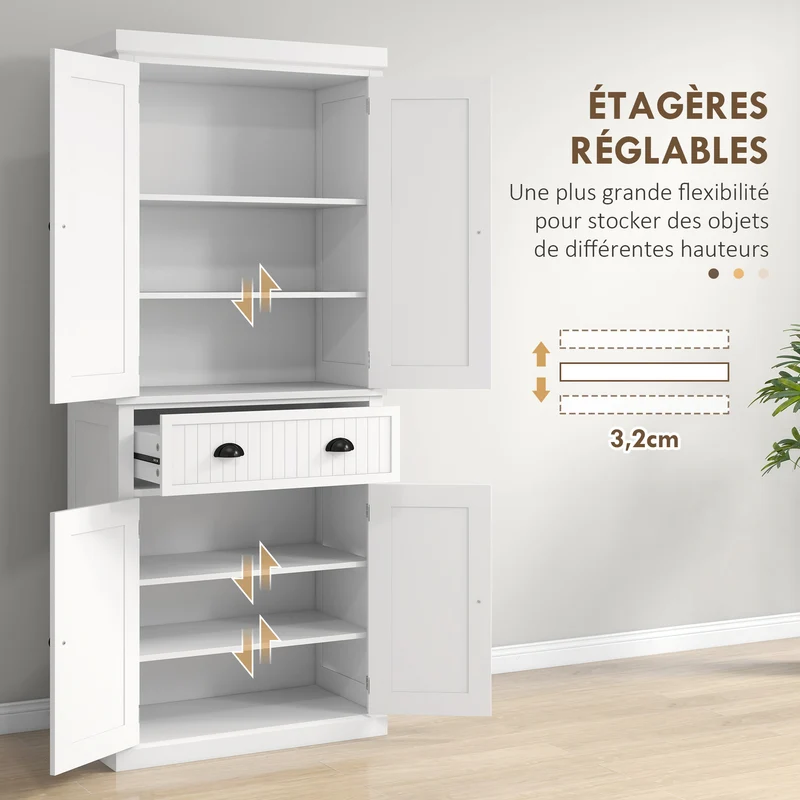 Armoire de cuisine multi rangements 76 x 40 x 183 cm étagères réglables tiroir large design contemporain en MDF blanc 21_0002164