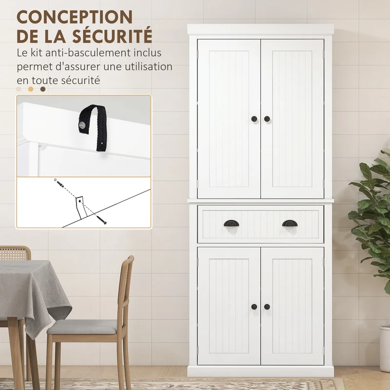 Armoire de cuisine multi rangements 76 x 40 x 183 cm étagères réglables tiroir large design contemporain en MDF blanc 21_0002164