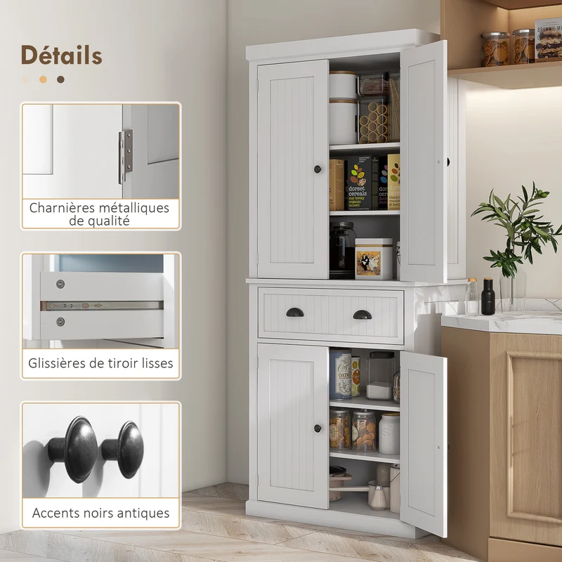 Armoire de cuisine multi rangements 76 x 40 x 183 cm étagères réglables tiroir large design contemporain en MDF blanc 21_0002164