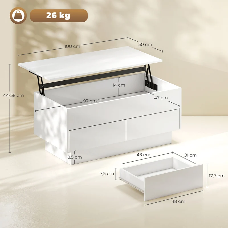 Table basse relevable salon 100 x 50 x 44 cm rangement caché et deux tiroirs minimaliste en panneau de particules blanc 21_0003596