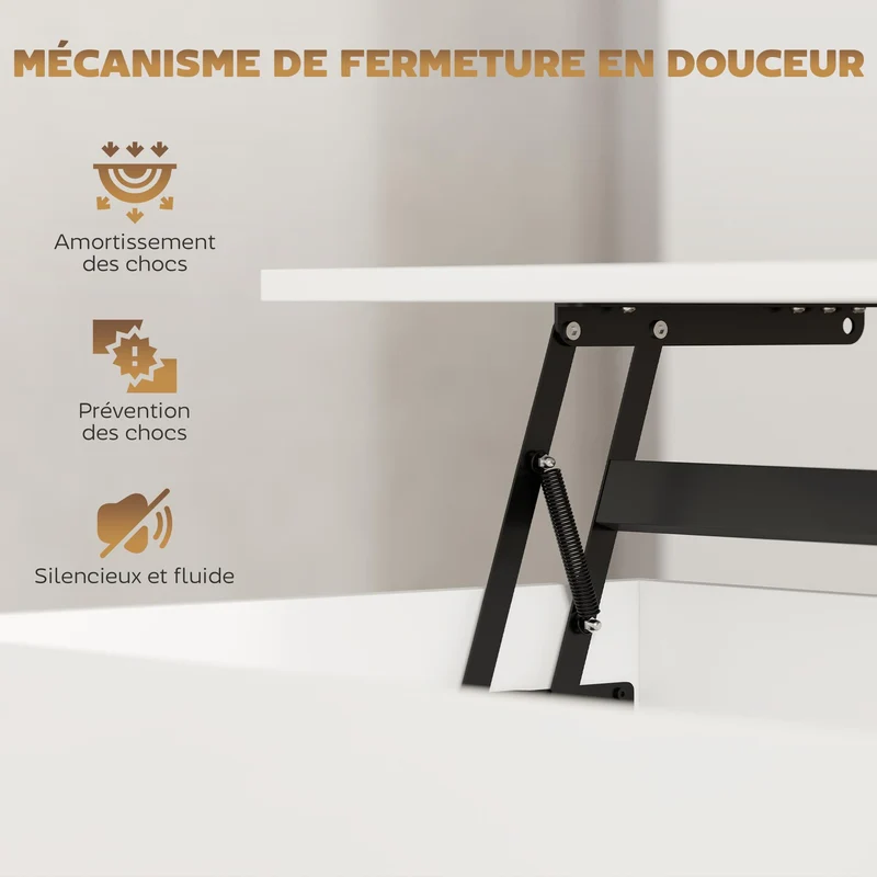 Table basse relevable salon 100 x 50 x 44 cm rangement caché et deux tiroirs minimaliste en panneau de particules blanc 21_0003596