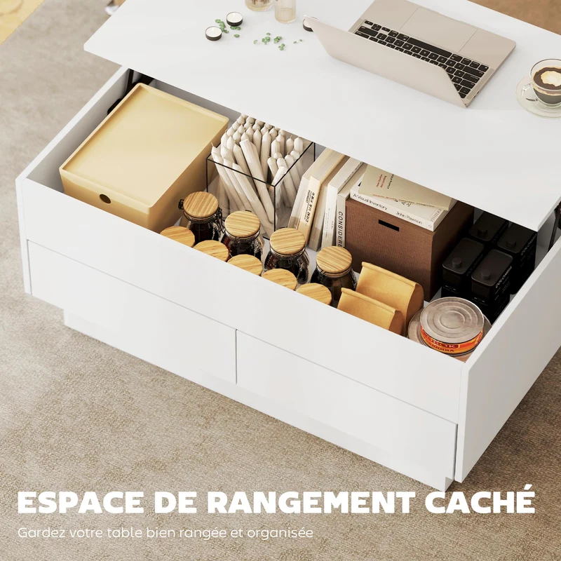 Table basse relevable salon 100 x 50 x 44 cm rangement caché et deux tiroirs minimaliste en panneau de particules blanc 21_0003596