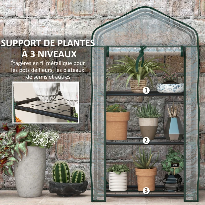 Serre de jardin 3 étagères compacte 59 x 39 x 127 cm anti-uv protection intempéries design en plastique transparent 21_0005438