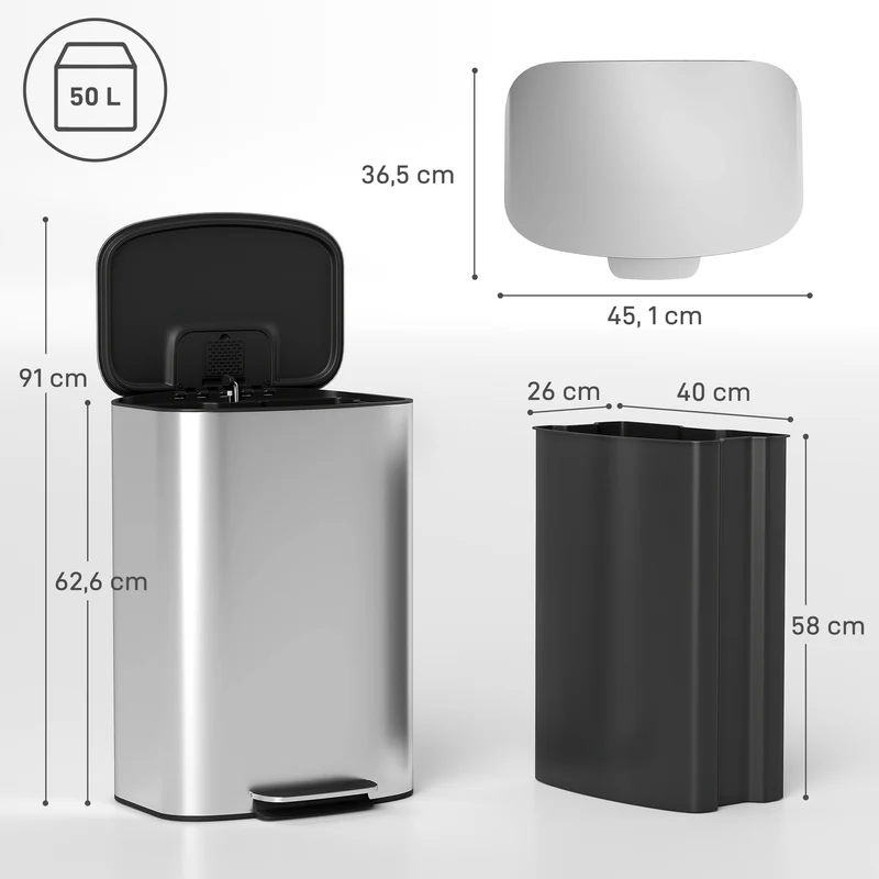 Poubelle de cuisine à pédale 45,1 x 36,5 x 62,6 cm seau amovible fermeture douce design épuré en acier inoxydable gris 21_0005933